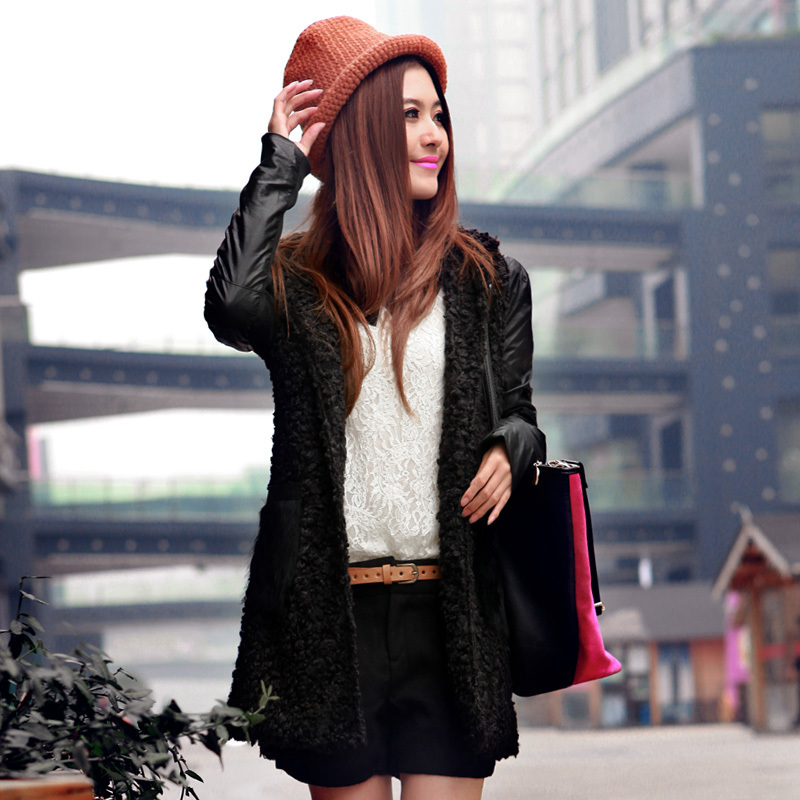 2012 berber fleece patchwork leather coat medium-long PU fashion slim wadded jacket female aw181