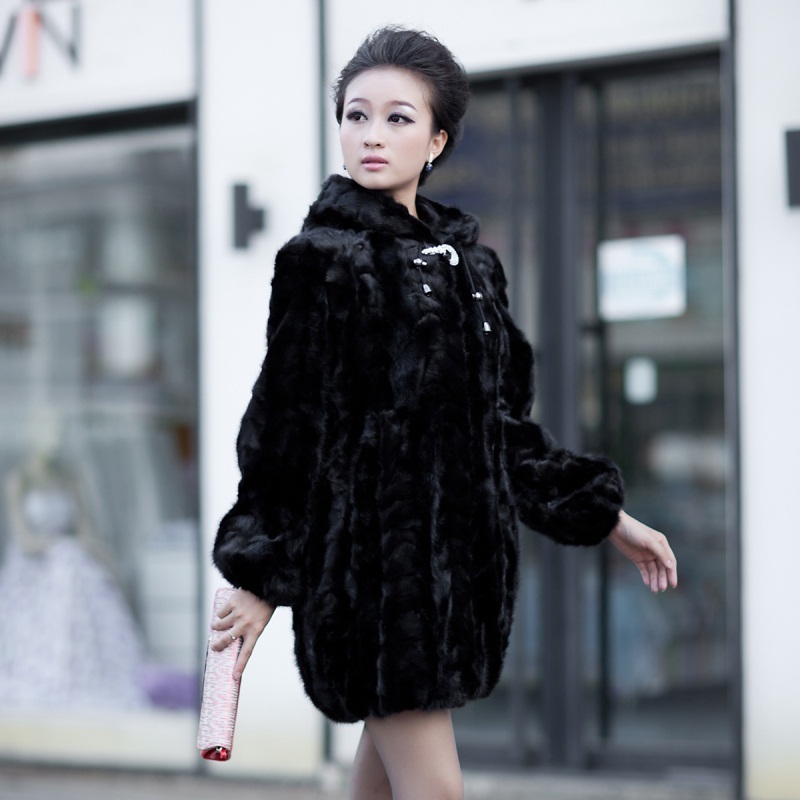 2012 black long design marten overcoat mink Women hooded fur coat