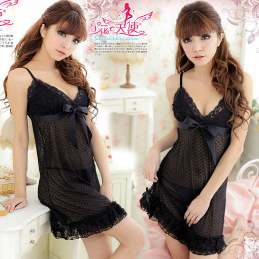 2012 black polka dot bow lace decoration suspender skirt princess sleepwear nightgown 8008