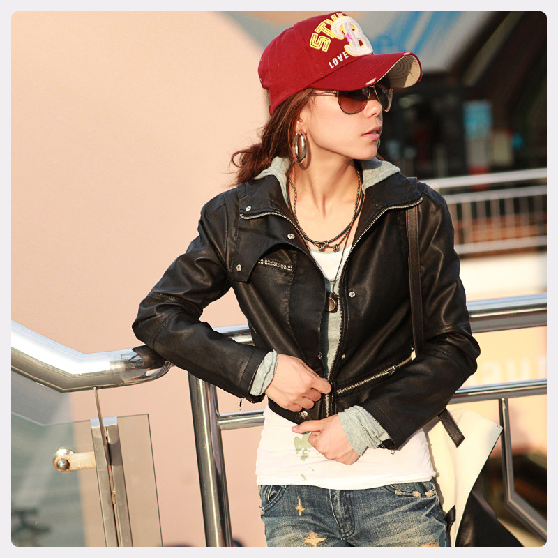 2012 black stand collar trend slim women's leather clothing 01g3093