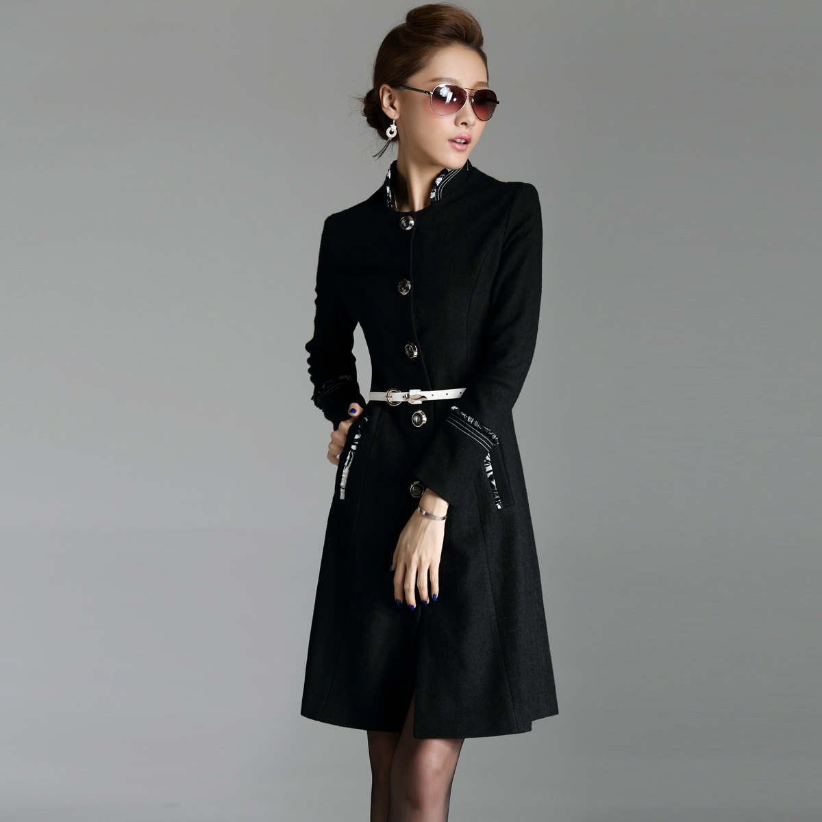 2012 black stand collar women's trench wool coat outerwear female 8830 free shipping