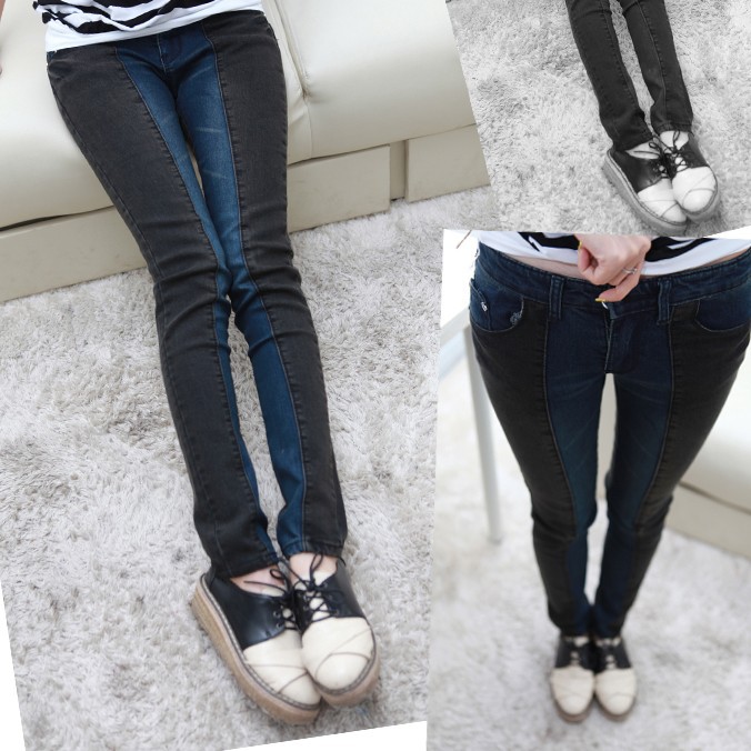 2012 blue black patchwork three-dimensional tight jeans pencil pants skinny pants boot cut jeans female