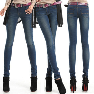 2012 blue elastic plus velvet thickening pencil pants slim jeans skinny pants