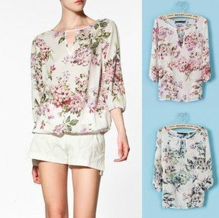 2012 Brand new women fashion  three quarter sleeve peony  floral shirt women chiffon shirt lady summer blouse tops