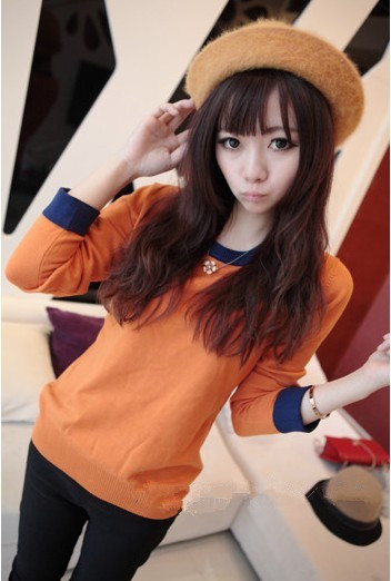 2012 brief long-sleeve knitted t-shirt patchwork sweater slim all-match pullover basic shirt female