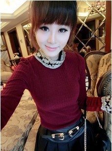 2012 brief patchwork lace stand collar long-sleeve wool knitted shu wen top slim basic t women's free shipping