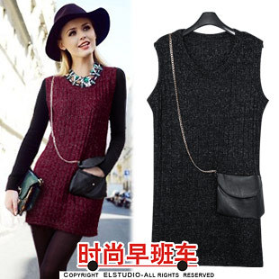 2012 brief sleeveless chain small bag decoration medium-long pullover sweater kn637