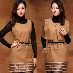 2012 british style paillette leather laciness one-piece dress twinset wool 56056