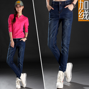 2012 buttons high waist thickening plus velvet jeans female trousers female trousers skinny pants pencil pants boot cut jeans