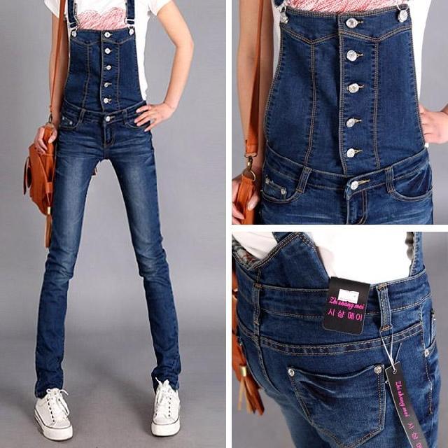 2012 buttons pencil fashionable casual one piece bib pants suspenders jeans female 8995