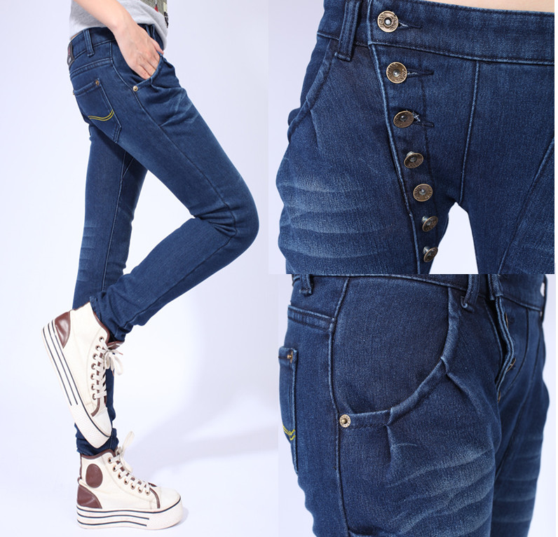 2012 buttons plus velvet thickening jeans female plus size women harem pants pencil pants