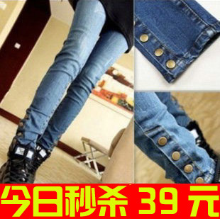 2012 buttons spring and autumn tight skinny pants pencil pants jeans female casual long trousers