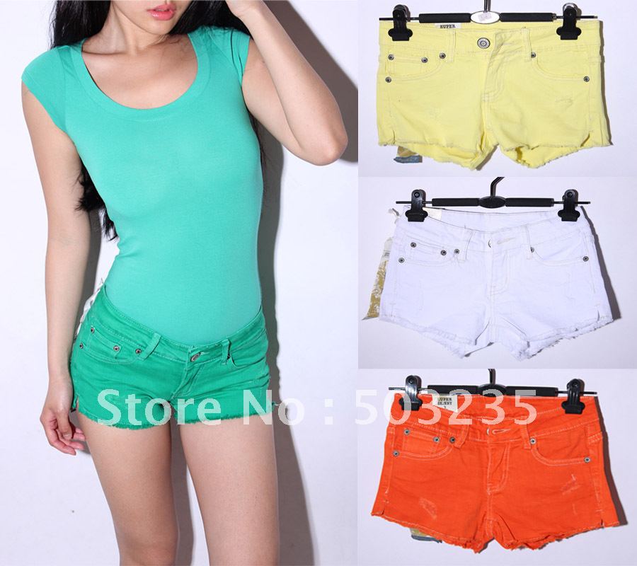 2012 Candy color 4 colors moben placketing low-waist elastic slim hip denim shorts fashion hotpants201605