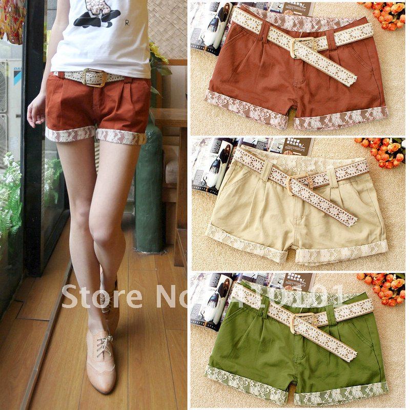 2012  candy color low-waist sweet lace decoration roll up hem basic shorts with belt/ fashion ladies' pant