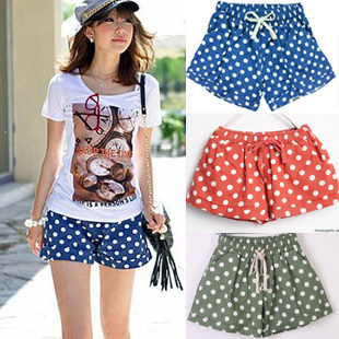 2012 candy color polka dot denim cotton shorts dot casual loose roll-up hem legging skirt