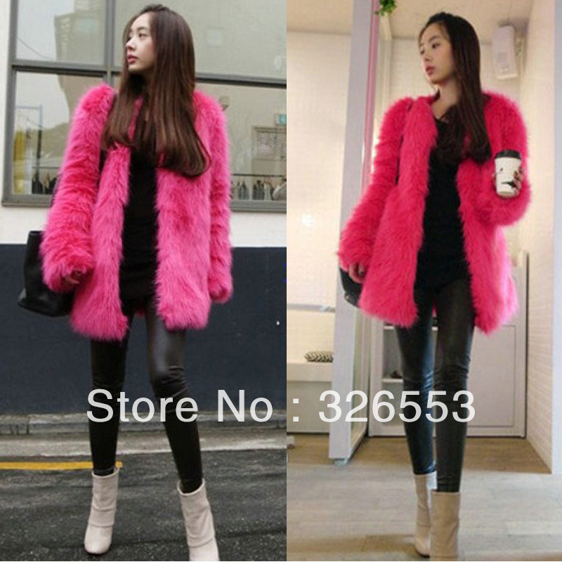 2012 candy color rose medium-long fur coat faux overcoat top  free shipping