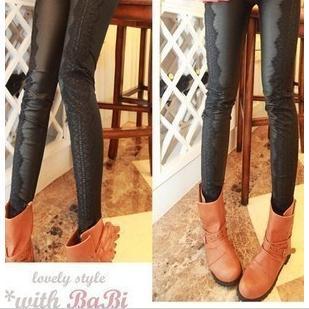 2012 casual autumn all-match eyeholes lace patchwork leather pants legging