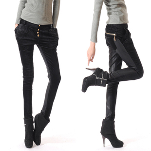 2012 casual harem pants female skinny pants patchwork fashion leather pants tight-fitting female long trousers