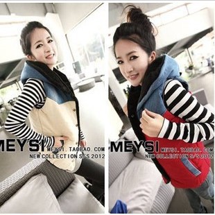 2012 casual patchwork denim hooded plus cotton all-match color block vest 910