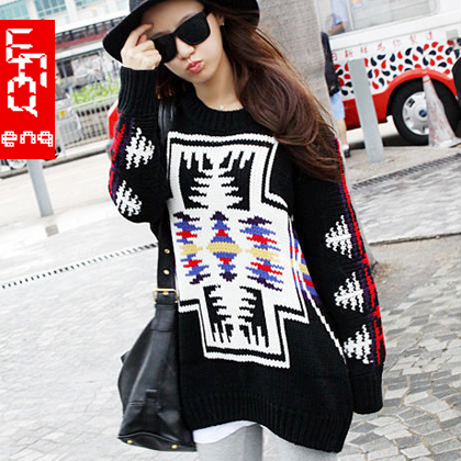 2012 casual women's sweater cross color block decoration computer embroidered loose plus size thermal medium-long sweater shirt