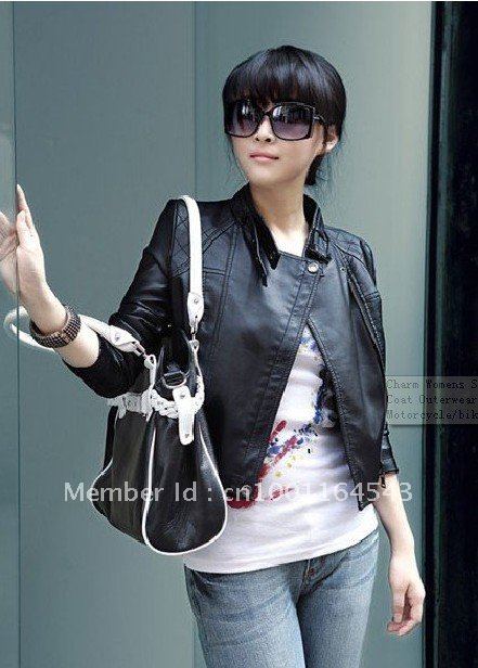 2012 Charm Womens Sexy Ladies Black leather Jacket Coat Outerwear Leather/denim/wool Motorcycle/biker Jacket ,Free Shipping