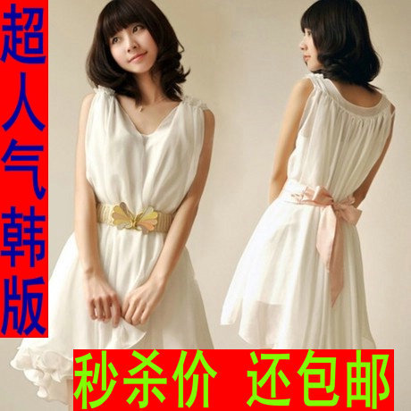 2012 chiffon one-piece dress summer white tank dress loose sleeveless skirts freeshipping