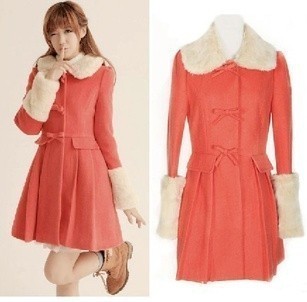 2012 Christmas Gift! Elegant Watermelon Red Women's Coats With Warm Fur Long Coat Jacket Clothes Winter Free Shipping CO01