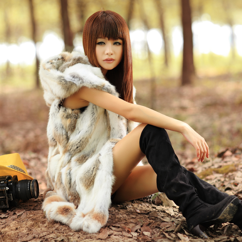 2012 chromophous women's slim rex rabbit hair fur coat vest hooded