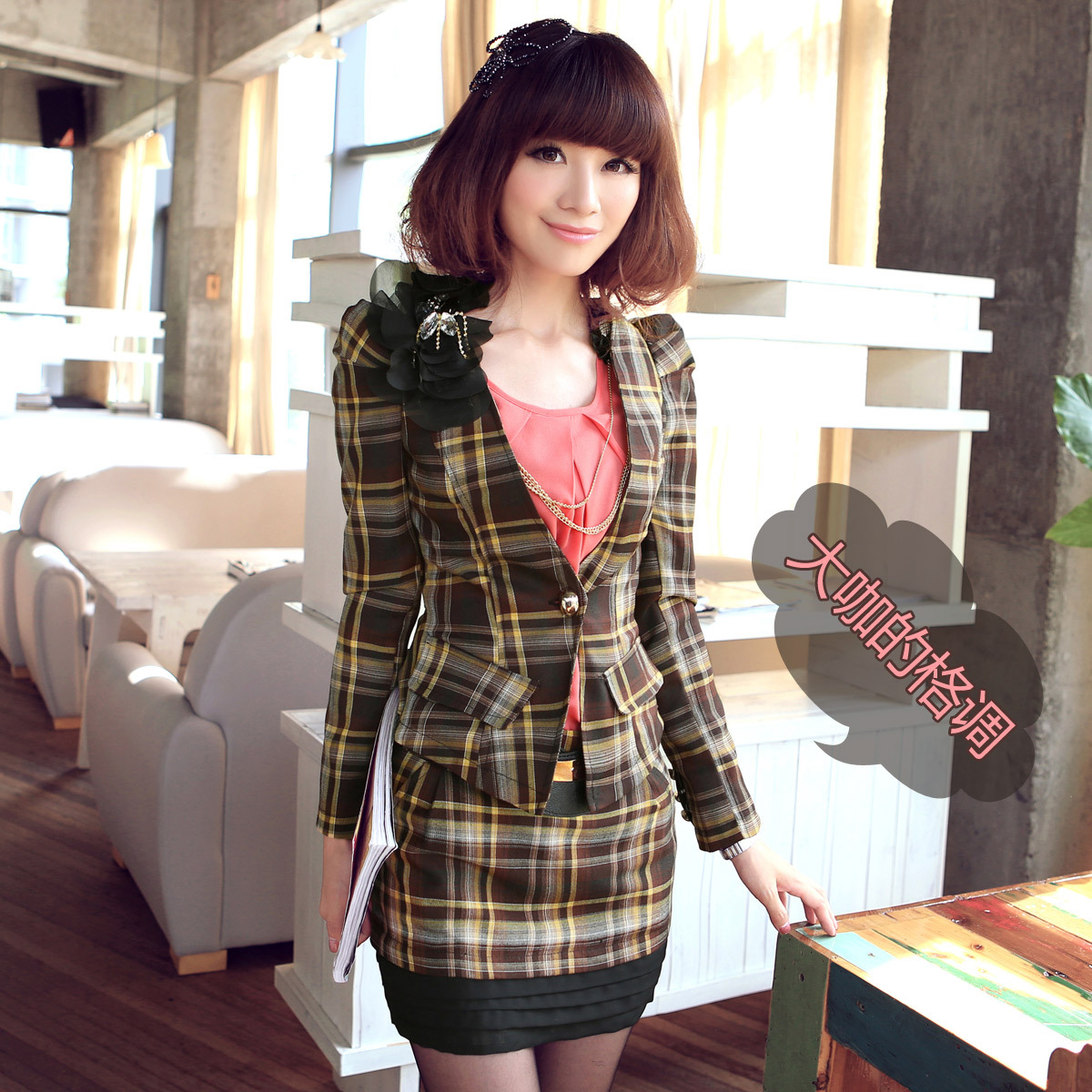 2012 classic fashion plaid set twinset corsage belt women's Women skirt female