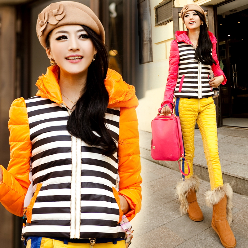 2012 classic stripe color block hooded short design print slim female down coat down coat