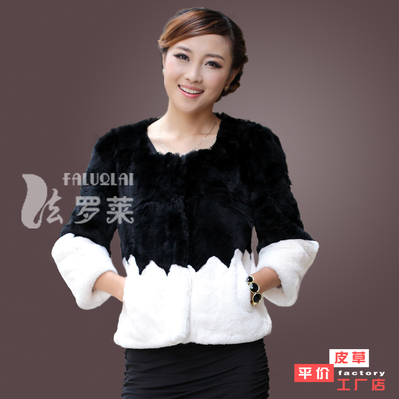 2012 color block decoration three quarter sleeve rex rabbit hair fur coat