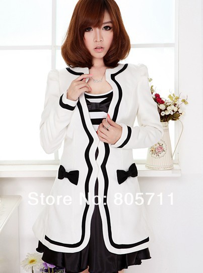 2012 Contrast Color White  Round Collar Bordered With Black Coat Lady Outwear New Fashion Bowknot Pockets