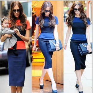 2012 CREW NECK COLOR BLOCK SHORT SLLEVE SLIT BACL BODYCON DRESS WITH BACK ZIPPER slim step pencil skirt