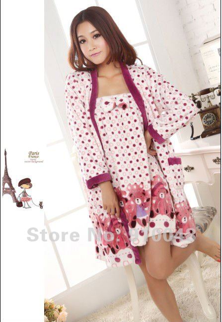 2012 cute polka dot flannel 2 pcs/set robes / first-glass nightwear / wholesale & retail/ free shipping