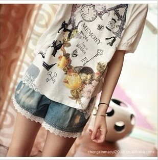 2012 decoration fashion lace maternity denim shorts knee-length lace shorts pants