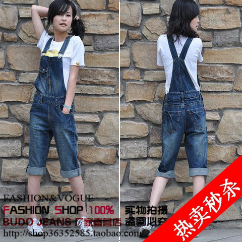 2012 denim bib pants capris denim suspenders loose bib pants female plus size