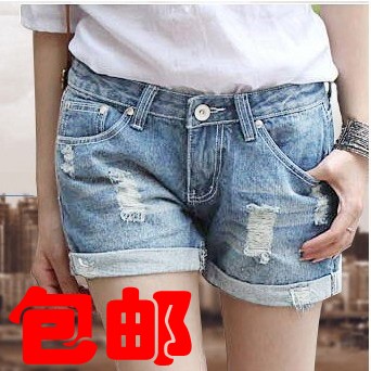 2012 denim shorts female shorts female roll up hem denim shorts hole loose plus size