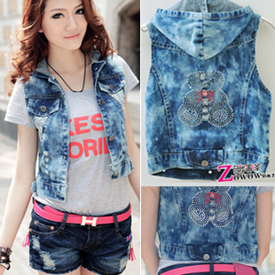 2012 distrressed paillette diamond bear with a hood sleeveless denim vest female outerwear vest