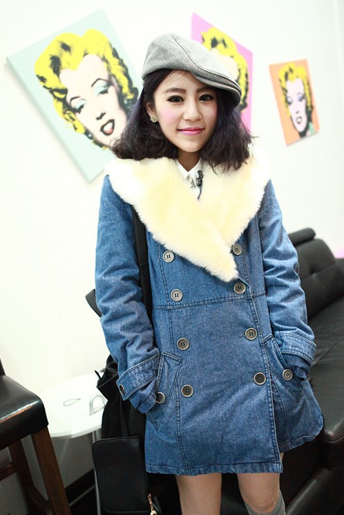 2012 double breasted large fur collar thickening denim wadded jacket outerwear denim cotton-padded jacket female