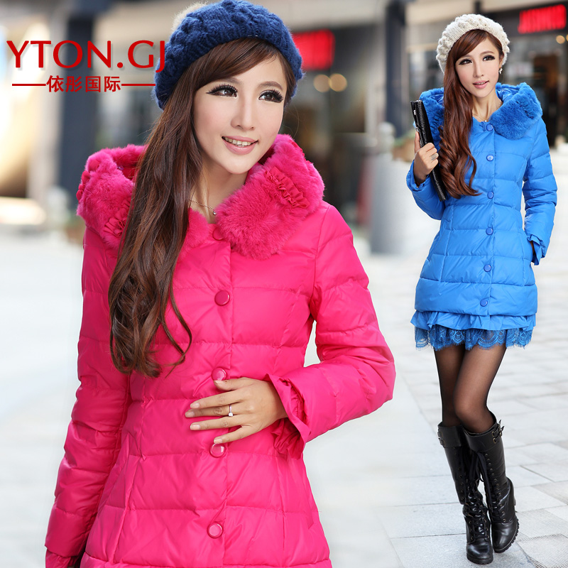 2012 down coat female lace decoration winter cap rabbit fur medium-long slim