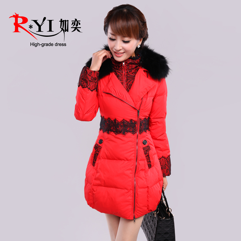 2012 down coat female medium-long lace decoration gentlewomen fur collar slim WINTER FREE SHIPPING