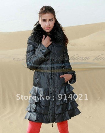 2012 down coat, large fur collar,lotus leaf ruffle slim women's medium-long down coat,three colors.size S to XL