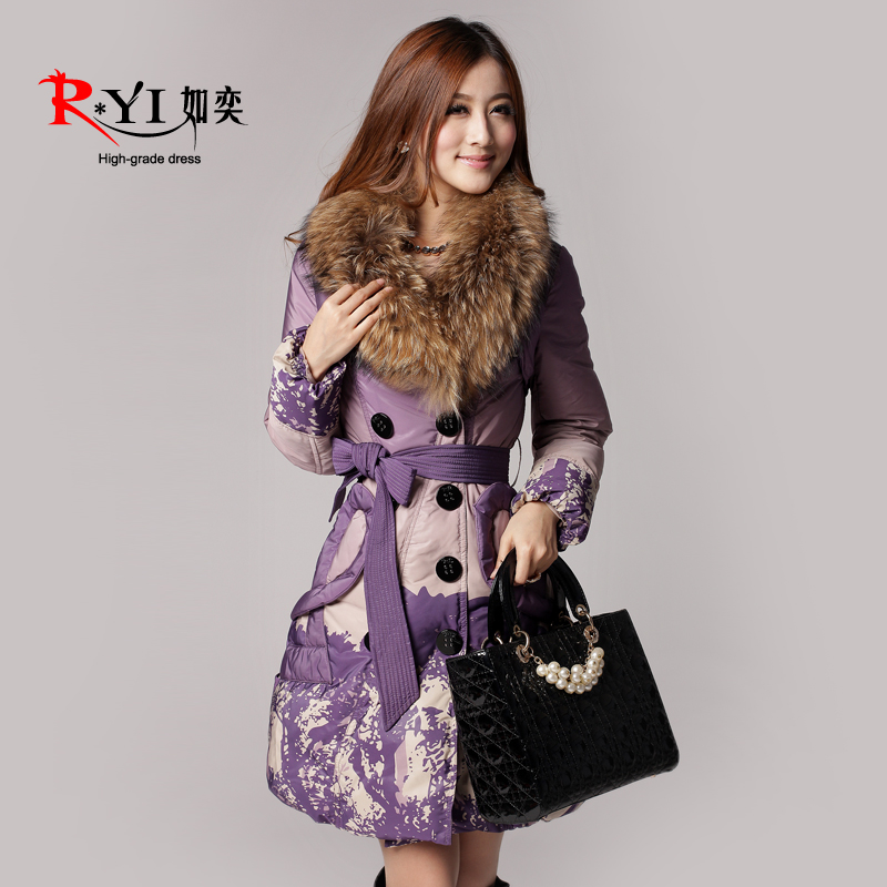 2012 down WINTER coat large fur collar down coat female medium-long slim print FREE SHIPPING