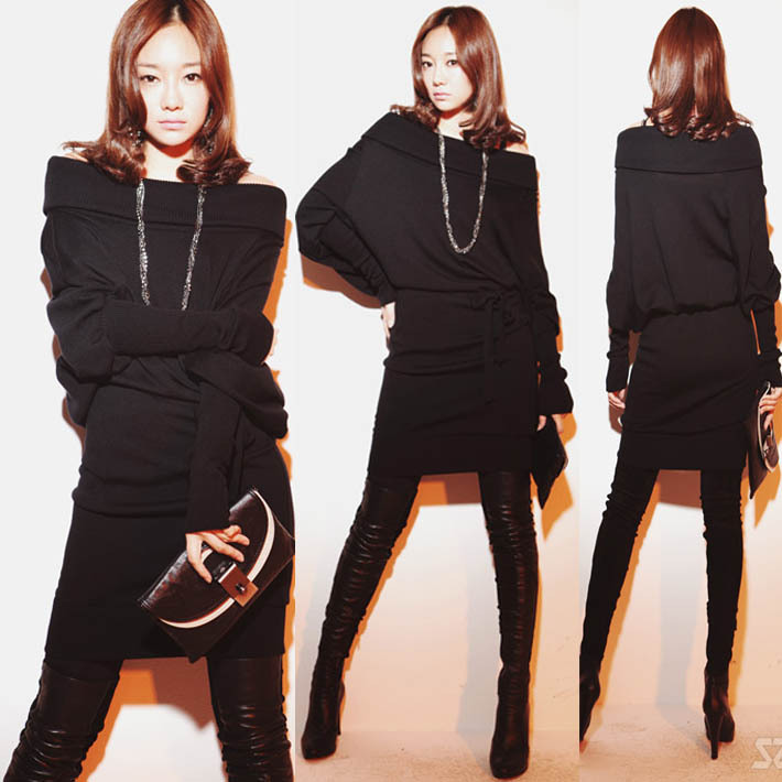 2012 Dress New Fashion Lady Autumn One-Piece Dress  Loose Korea Style Plus Size Black Skirt With Batwing Sleeve Free Shipping