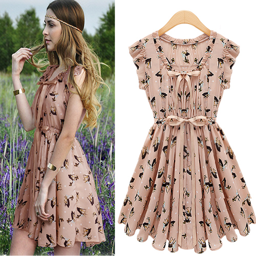 2012 Dress New Fashion Women Summer Fashion Style Cute Elk Pattern Slim Waist Print Chiffon One-Piece Casual Dress Free Shipping