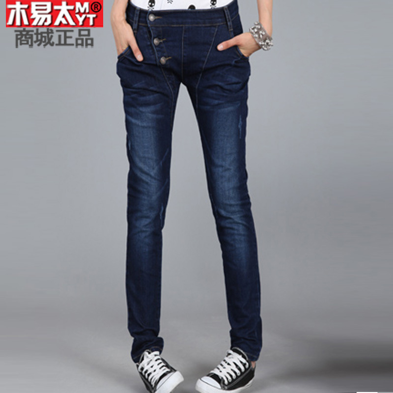 2012 elastic buttons denim trousers pencil pants female free shipping