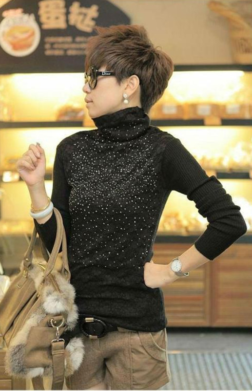 2012 elastic slim women's medium-long sparkling diamond turtleneck lace basic sweater