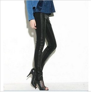 2012 elastic thread patchwork basic leather pants pencil pants stovepipe butt-lifting legging