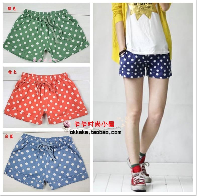 2012 elastic waist drawstring fashion polka dot plus size linen denim shorts