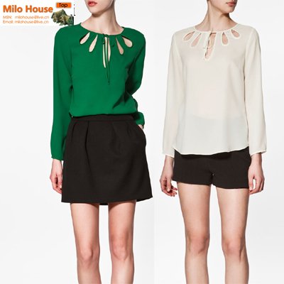 2012 elegant beautiful formal office lady chest fan-shaped cutout thick chiffon solid color long-sleeve women's shirt